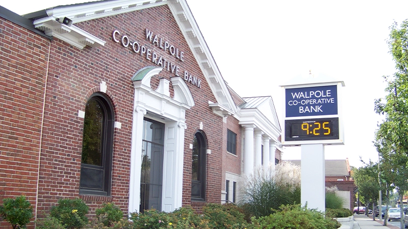 Pictured is the outside of Walpole Co-operative Bank's location.